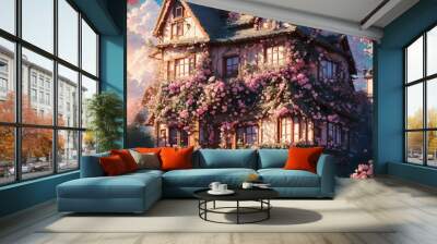 A huge two-storey house decorated with flowers with sunset lights in a very beautiful view Wall mural