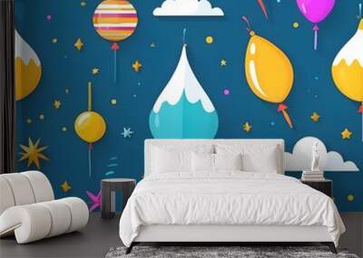 Colorful Balloon Pattern: A vibrant and cheerful seamless pattern featuring colorful balloons soaring through a whimsical sky with clouds, stars, and fireworks. Perfect for adding a playful touch Wall mural