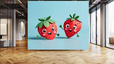 cute strawberrys on blue background  Wall mural