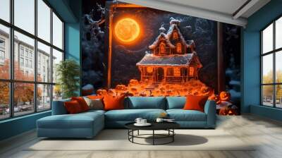 halloween house background with pumpkin painted on the blackboard with orange peels Wall mural