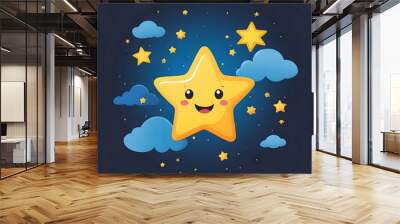 Twinkle Twinkle Little Star: A cheerful cartoon star beams brightly amidst fluffy clouds and a starry night sky. Perfect for children's designs, evoking joy and wonder.  Wall mural