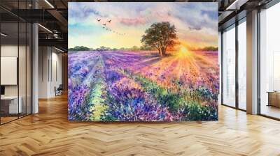 Watercolor lavender field. Sunset lavender field. Violet background. France Provence. Spring summer postcard banner. Fragrant flowers. Aroma Wall mural