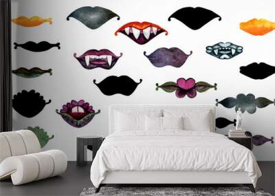 Halloween set of lips with their shadows: vampire lips, flower lips, zombie lips,lips with fangs and teeth. Watercolor on paper hand drawn. Elements isolated on white background Wall mural