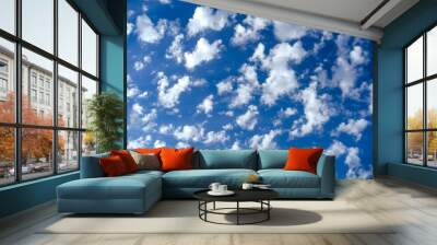 White small fluffy clouds in deep blue sky, mackerel skies Wall mural