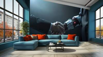 Businessman and robot shake hand pose Wall mural