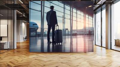 Businessman waiting to board flight at airport Wall mural