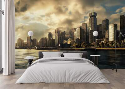 City with sea skyline at sunset panoramic view Wall mural