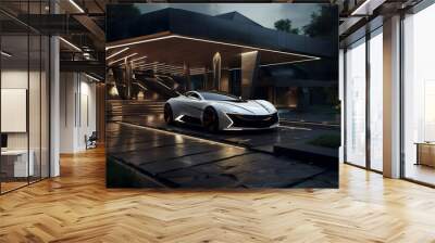 Luxury generic electric car parked outside modern minimalist design house Wall mural