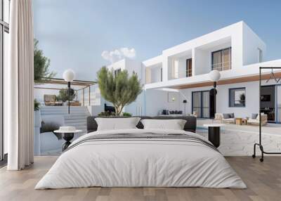 Modern white cubic villa with blue accents Wall mural