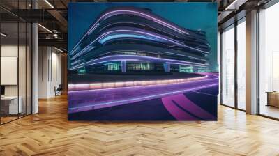 Motion curvy urban road with motion blur tail light and modern building Wall mural