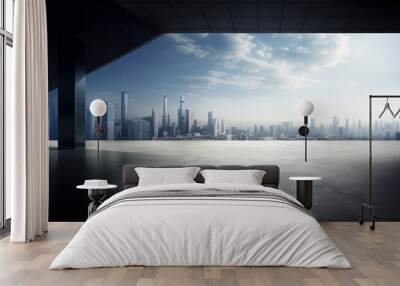 Perspective view of empty floor and modern rooftop building with cityscape scene Wall mural