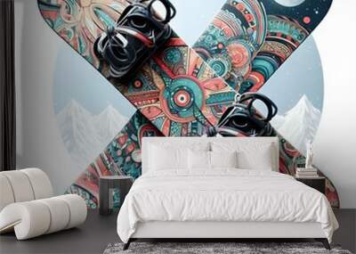 two colorful snowboards with mountain background isolated Wall mural