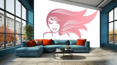 Beautiful woman with long, wavy hairstyle and elegant makeup.Hair salon and beauty studio logo.Cosmetics and spa icon.Young lady face.Front view portrait.Smiling girl. Wall mural