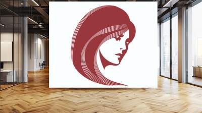 Hair salon and beauty studio illustration.Long, wavy hairstyle woman with elegant makeup.Fashion, cosmetics and spa icon.Young lady portrait.Beautiful model face.Luxury,glamour style. Wall mural