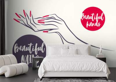 Nails art logo.Woman hands with elegant red nail polish manicure.Nail salon illustration.Cosmetics icon isolated on light background. Wall mural