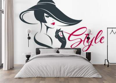 Woman with elegant hairstyle and makeup, wearing hat and gloves.Fashion, beauty salon and lifestyle illustration.Young lady portrait isolated on light fund.Red lipstick.Cute face. Wall mural