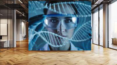 Forensic Scientist with Cobalt Blue Eyes Analyzing Holographic DNA Display Wall mural