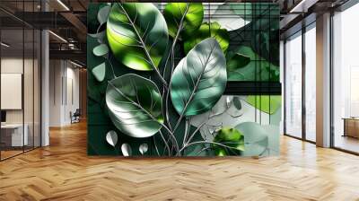 Abstract representation of botanical elements dominated by large, stylized leaves in various shades of green and silver-grey Wall mural