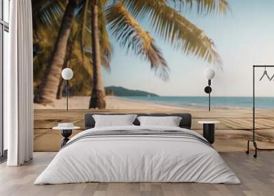 Empty wooden board with coconut tree and sea summer background Wall mural