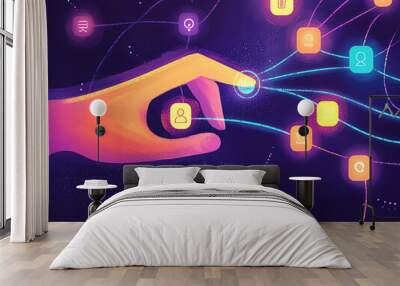 Hand connecting to network of icons, representing digital connection and interaction. Wall mural