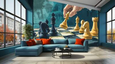 Hand moves a chess piece on a board with other pieces in play. Wall mural