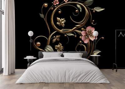 Ornate floral design with swirling vines and delicate flowers. Wall mural