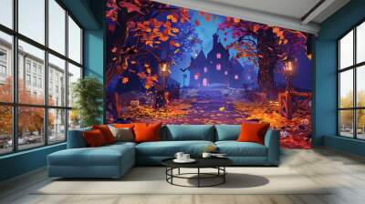 pathway covered with vibrant autumn leaves, flanked by spooky decorations leading to a haunted house Wall mural