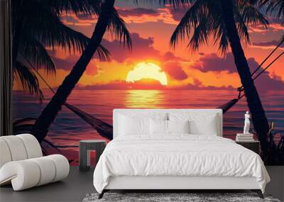 Relaxing hammock between palm trees at sunset on tropical beach Wall mural