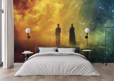 Stellar Diplomats, Celestial Attire, Radiating Otherworldly Wisdom, Negotiating Interplanetary Alliances, Nebula Mist in the Air, Photography, Rembrandt Lighting, Vignette Wall mural