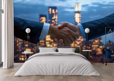 Two businessmen shaking hands against a cityscape backdrop, symbolizing partnership and success. Wall mural