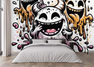 skull and crossbones, Illustration of three laughing devils with paint splashes Wall mural