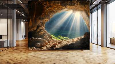 CInematic view of Empty easter christian tomb, easter empty tomb with sunrays coming in as a symbol of 