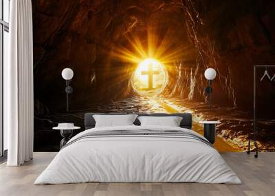 Cross in the entrance of the easter empty tomb. sunrise from the entrance of the tomb, easter christian risen.
 Wall mural