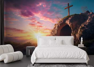 Cross on the top of a Christian religious tomb in the sunrise the symbol of he is risen. easter empty tomb with cross on the top. Wall mural