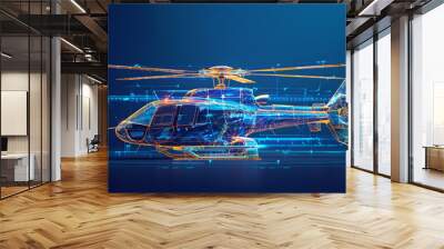 Futuristic 3d rendered chopper xray blue transparent helicopter wire frame. Futuristic helicopter holographic blueprints  with proper highlights and shadows. Wall mural