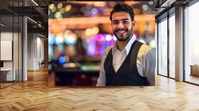 Jubilant Hispanic Casino Host or greeter welcomes the casino player on coming , las vegas, miami, casino concept. Modern Entertainment Industry Wall mural