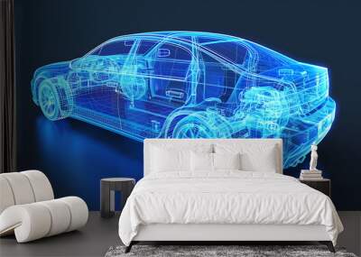 Sedan car transparent engine blue wireframe blueprints. Wall mural