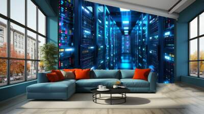 3D illustration banner of a server room in a data center full of telecommunication equipment, highlighting big data storage and cloud hosting technology. Wall mural