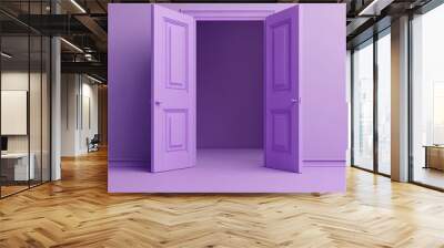 3D render of a violet double door wide open representing an architectural or interior element Isolated on a lilac background symbolizing an entrance metaphor Wall mural