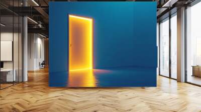 3D render of yellow light shining through an open door isolated on a blue background Represents an architectural design element and opportunity metaphor in a modern minimal concept Wall mural