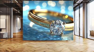 3D rendering of a gold diamond ring with a soft focus and blue background Wall mural