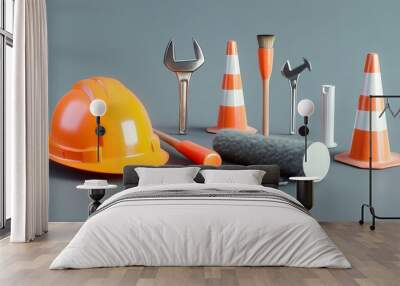 3D rendering of construction tools and equipment featuring a safety helmet roller brush traffic cone and wrench representing Labor Day Wall mural