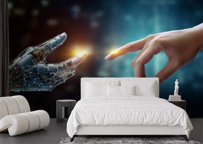 3D rendering of robot hand vs human hand touching digital world and virtual graphic interface and artificial intelligence, World communication concept Wall mural