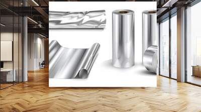 A collection of silver aluminum foil rolls is displayed as kitchen packaging elements in a 3D realistic design, featuring hot stamping aluminum foil isolated on a white background in vector format. Wall mural