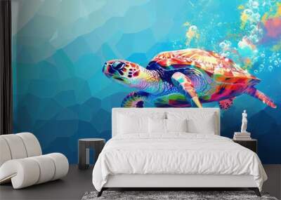 A colorful turtle is illustrated floating underwater in a geometric blue water ocean setting. Wall mural