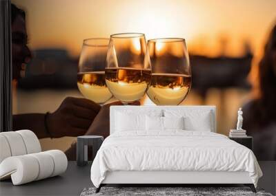 A group of girlfriends raise a toast with glasses of white wine on a sunset. Close shot. Wall mural