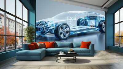 A line art 3D illustration displays a modern electric car chassis x-ray, revealing the vehicle battery in a studio environment. Wall mural