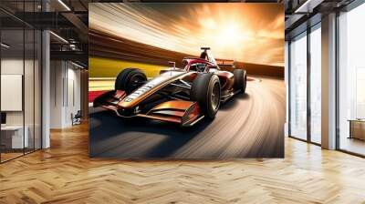 A racer speeds past on a racing car in a motor sports competitive team racing event, with a motion blur background. Rendered in 3D. Wall mural