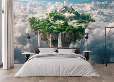 A realistic 3D illustration showcases a floating fantasy island featuring green trees, grass, waterfalls, and clouds, offering a serene depiction of a heavenly land. Wall mural