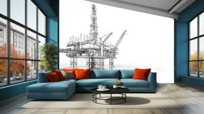 A wire-frame style vector rendering in 3D portrays the concept of an offshore oil rig drilling platform, with layers of visible and invisible lines separated. Wall mural